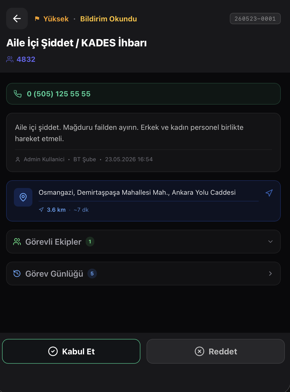 Mobil personel görev ekranı